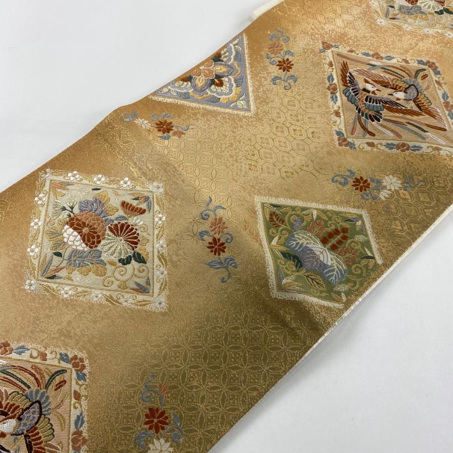 袋帯 秀品 桐竹鳳凰 菱 刺繍 金銀糸 金茶 六通 正絹 中古 在庫一掃