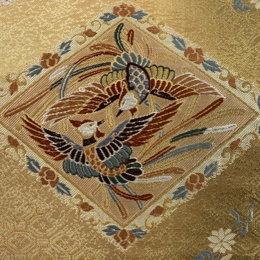 袋帯 秀品 桐竹鳳凰 菱 刺繍 金銀糸 金茶 六通 正絹 中古 在庫一掃