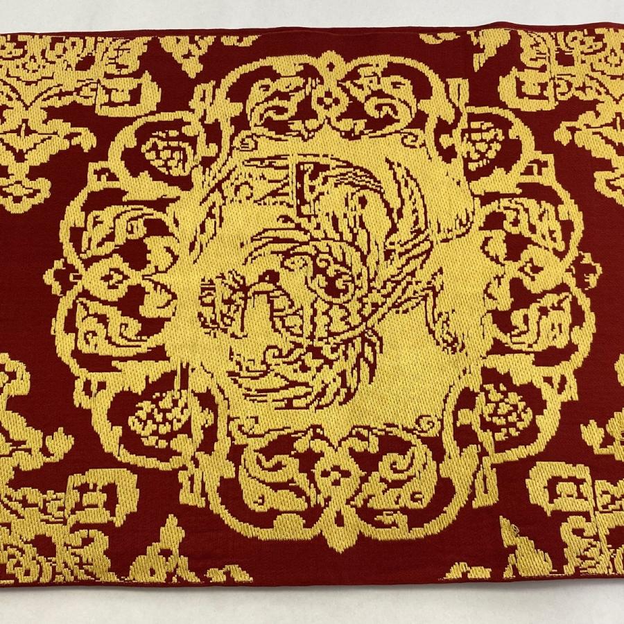 袋帯 逸品 龍村平蔵 落款あり 鳳凰 草花 赤 お太鼓柄 正絹 中古