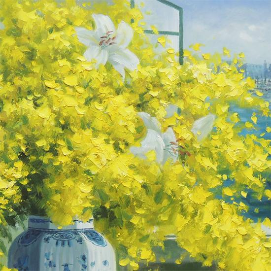 絵画 油絵 ミモザとカサブランカ F20号 （堀哲夫） 【肉筆】【油絵