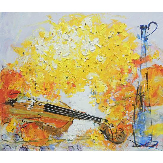 絵画 油絵 花とバイオリン (池田秀郎) 【肉筆】【油絵】【花】【静物