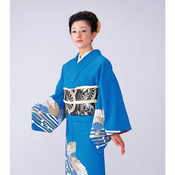 訪問着 胴抜き 女性 踊り 絵羽 洗える着物 ブルー 扇面 風花 : カメヤ