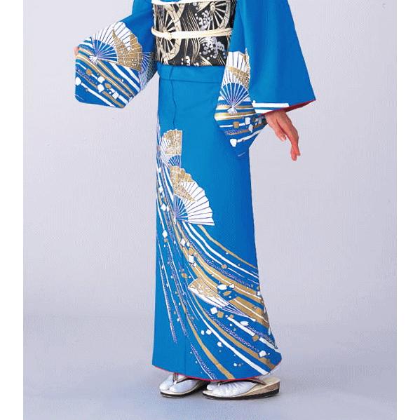 訪問着 胴抜き 女性 踊り 絵羽 洗える着物 ブルー 扇面 風花 : カメヤ