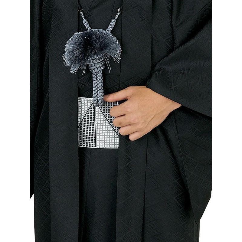 アンサンブル 黒無地 男物 メンズ 袷 入子菱 洗える着物 羽織 成人式