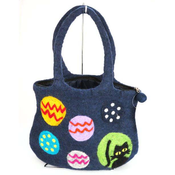 ネパール製ハンドメイドの猫柄フェルトトートバッグ（ネイビー