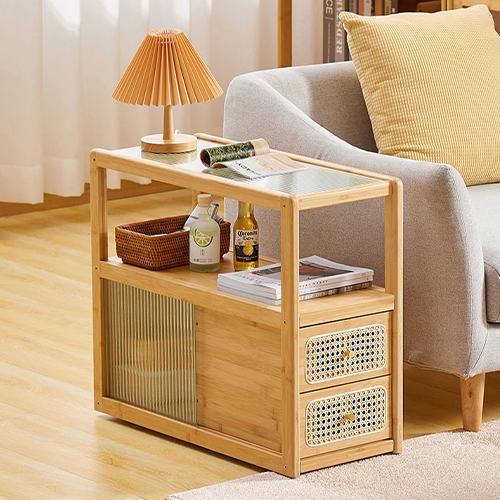 9%OFFクーポン☆サイドテーブル 棚板付き キャスター付き 竹製