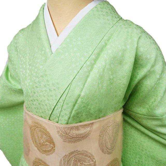 色無地 着物 中古 正絹 袷 カジュアル 紋なし 地模様 金通し 若緑色