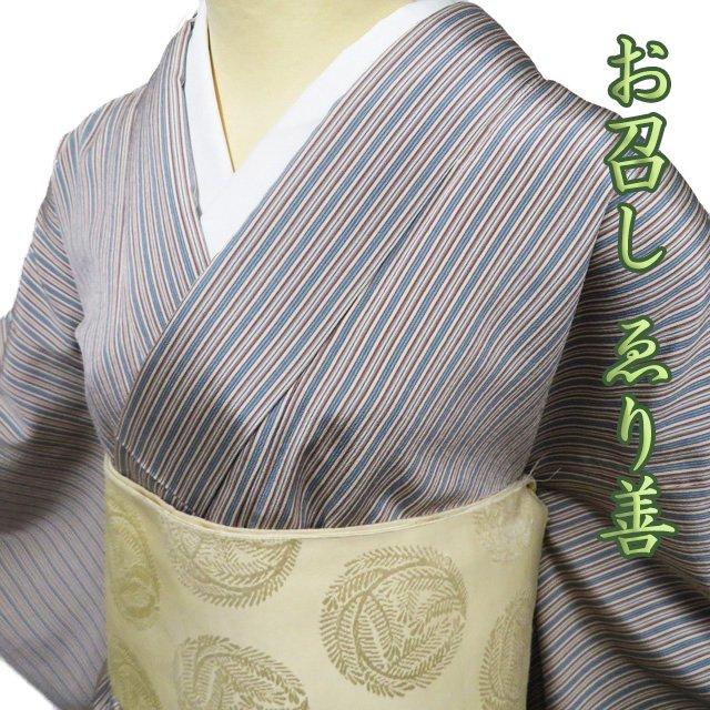 特選 お召し 御召 着物 中古 正絹 袷 カジュアル ゑり善 縦縞模様