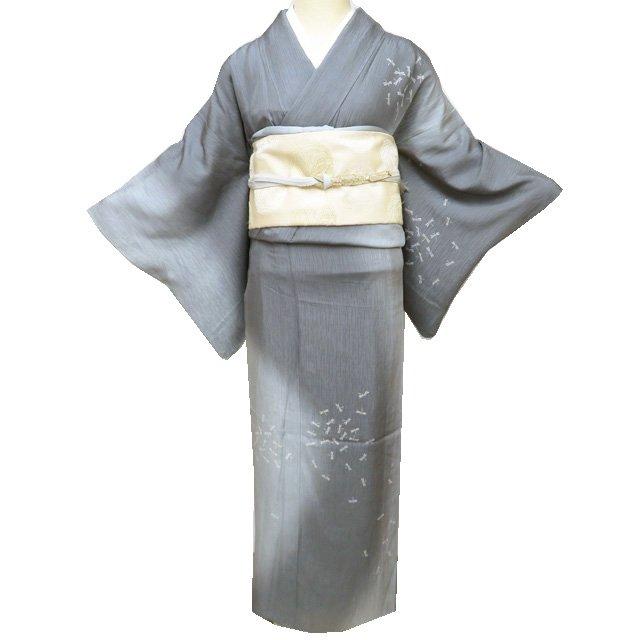 夏物 訪問着 着物 中古 正絹 フォーマル 蜻蛉模様 とんぼ 暈し 薄墨色