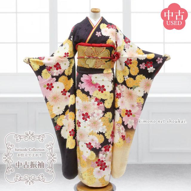 送料無料】【中古】 振袖 正絹（中古 ランクA こげ茶色 黄白赤 菊桜
