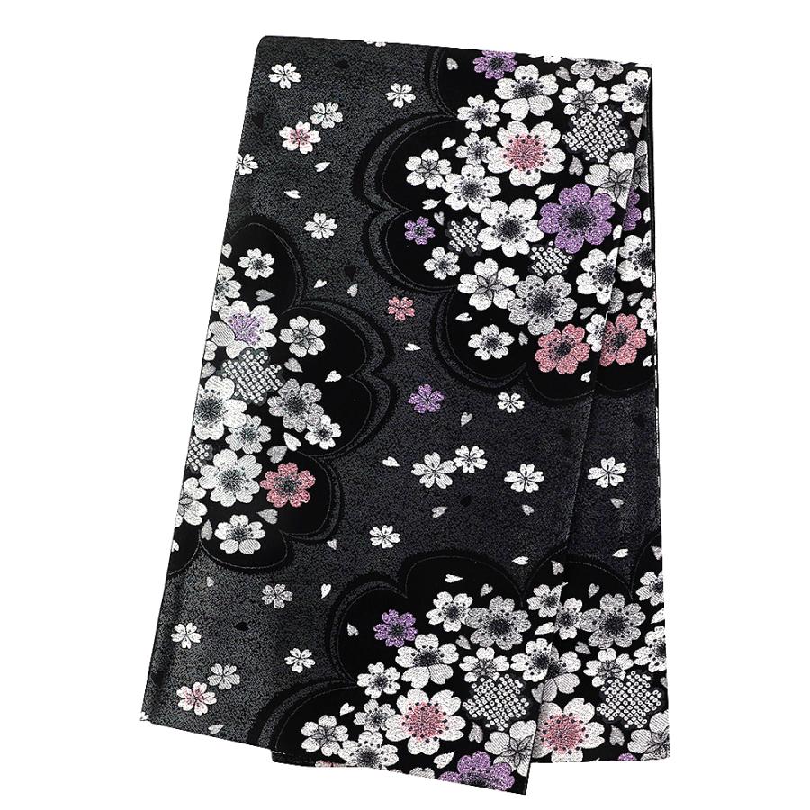 中古 袋帯 振袖用 リサイクル 正絹 黒 桜 花びら 鹿の子 唐織 金糸