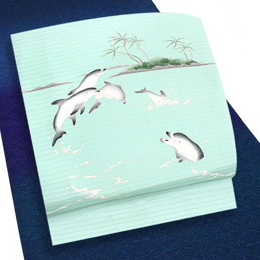 夏物 名古屋帯 十日町友禅 塩瀬 秀美 絽 水色 イルカ 九寸 反物 正絹