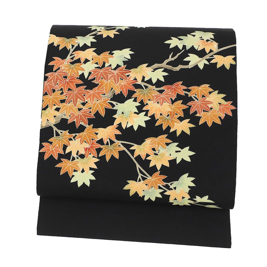 秀美 名古屋帯 十日町友禅 正絹 黒地 紅葉 もみじ 浜ちりめん 友禅染
