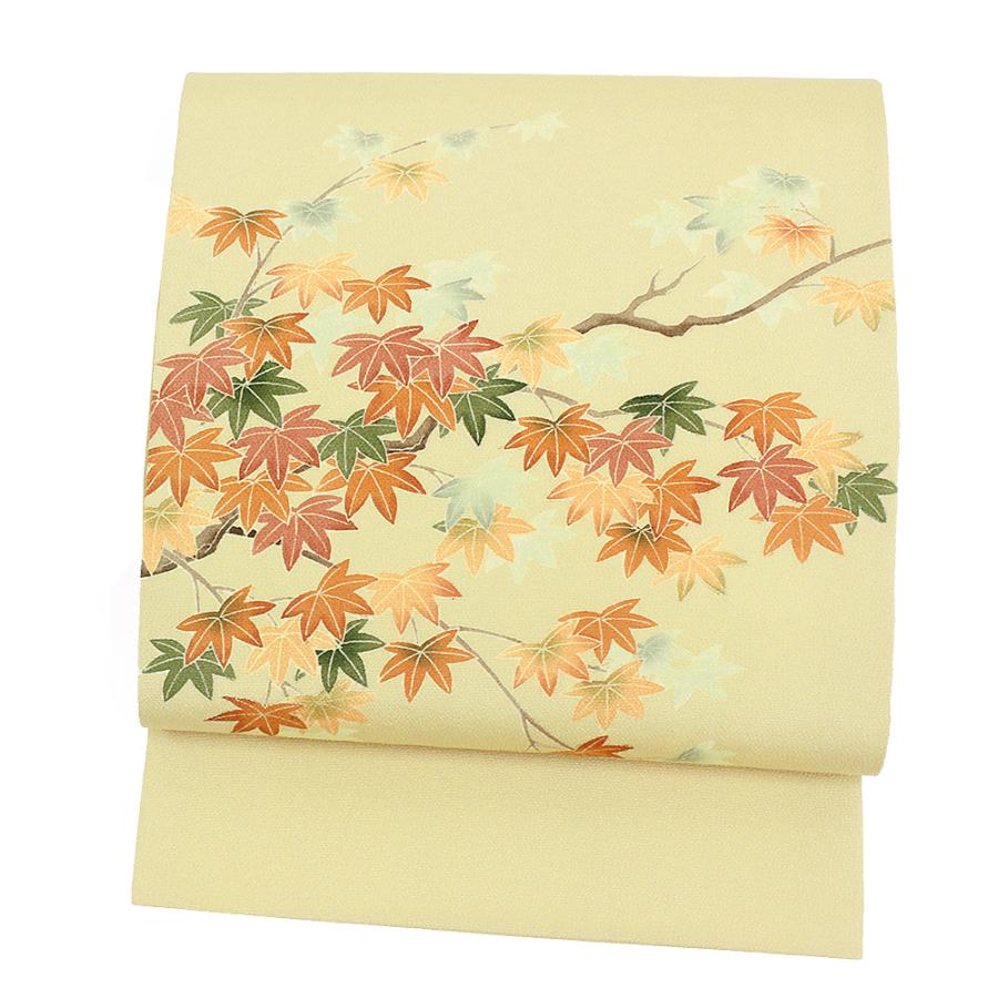 秀美 名古屋帯 十日町友禅 正絹 渋ベージュ 紅葉 もみじ 浜ちりめん