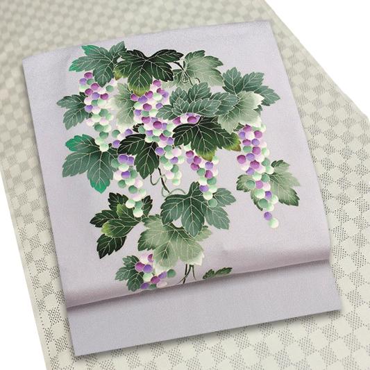 名古屋帯 十日町友禅 秀美 薄灰藤色 葡萄 ぶどう ブドウ九寸 反物 正絹