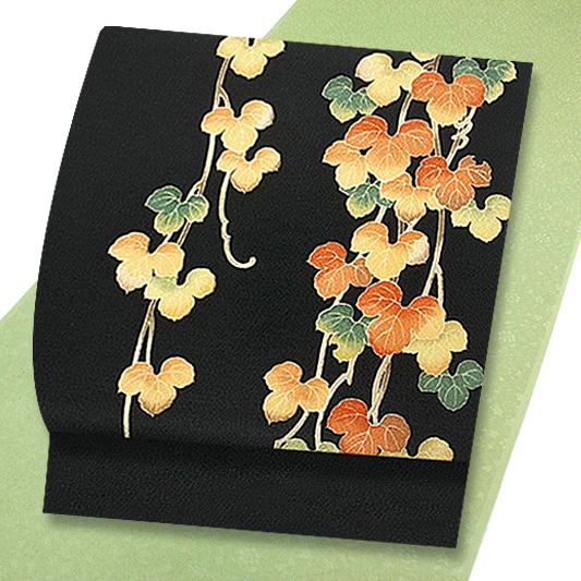 名古屋帯 十日町友禅 秀美 未仕立て 正絹 浜ちりめん 染帯 蔦 秋 黒地