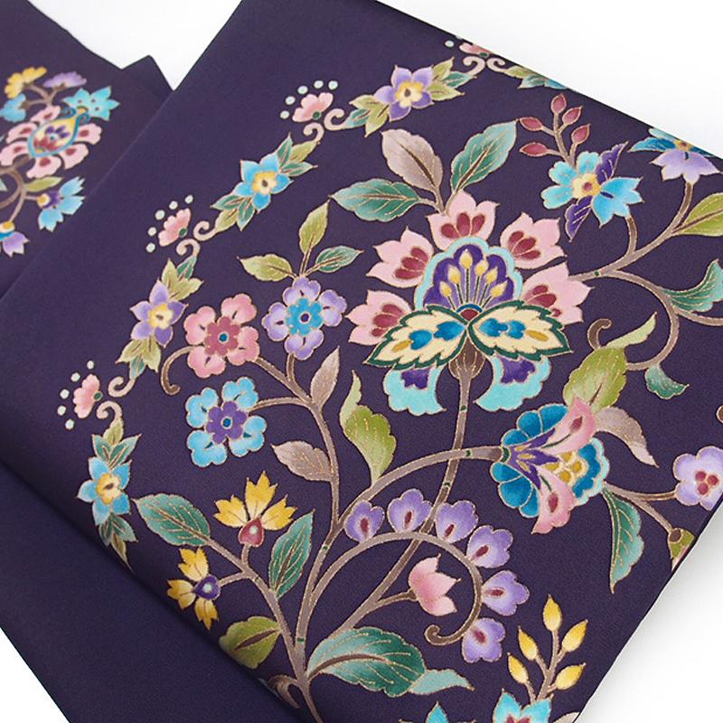 岡重 名古屋帯 九寸 紫 更紗柄 京友禅 正絹 五泉 駒塩瀬 未仕立て品 九