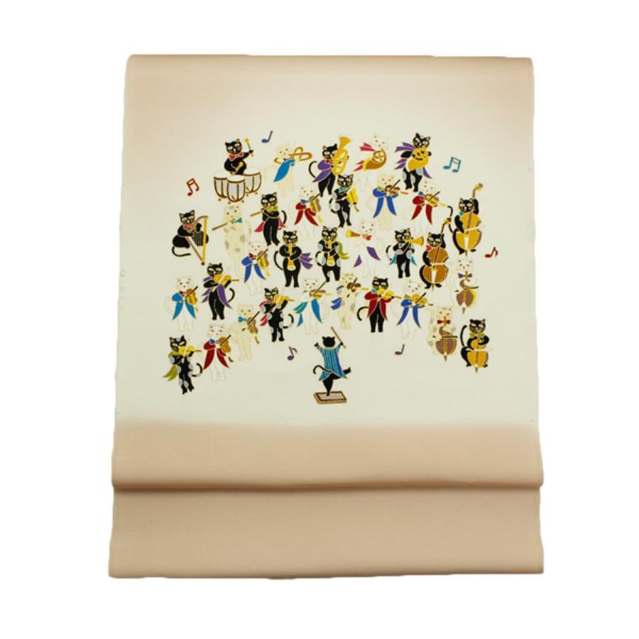 帯 猫 名古屋帯 音楽 猫のオーケストラ 塩瀬 染九寸帯 ピンク グレー