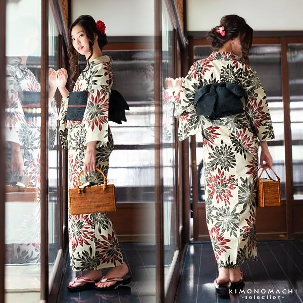 浴衣 レディース セット （浴衣＋帯＋下駄) 30代 40代 50代 「菊 赤と