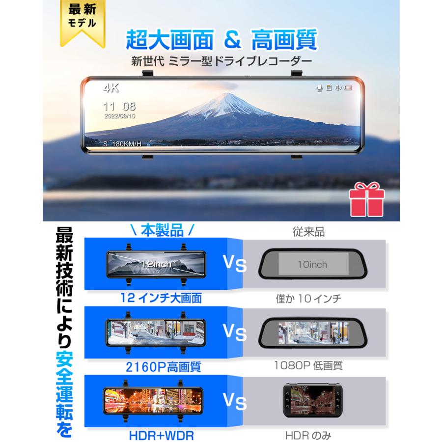 ドライブレコーダー ミラー型 4K画質王 GPS追跡 前後 2カメラ 4K UHD