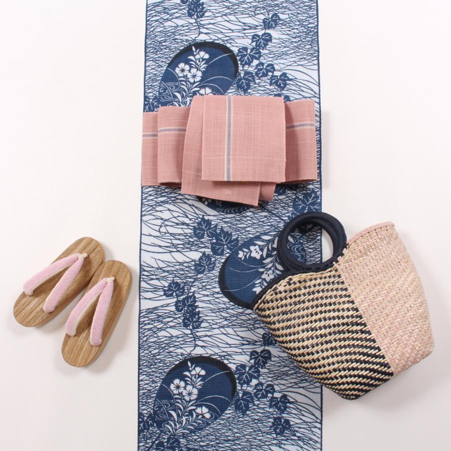 竺仙 浴衣 反物 綿紅梅 型染め 綿 団扇に秋草模様 日本製 夏着物