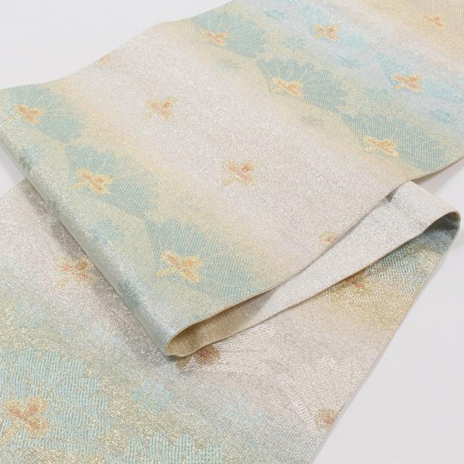 きもの 和 袋帯 正絹 桝屋高尾 ねん金綴錦 松笠並び文 水色 銀 手織り