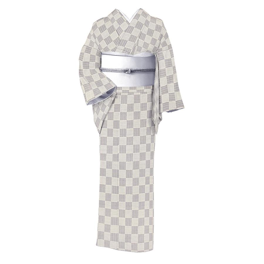 着物だいやす 526□本場大島紬□白大島紬 市松文 石畳 白×グレー 身長