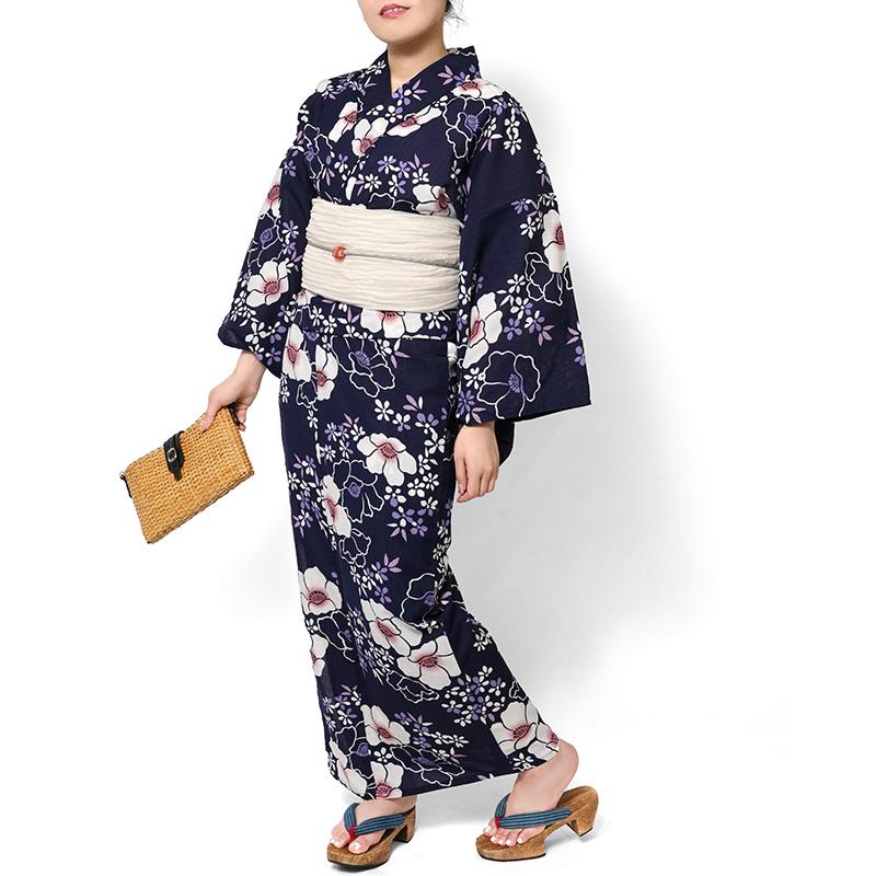 浴衣 吸水速乾 ハマナス 紺 紺地 ネイビー 花柄 大人 レディース