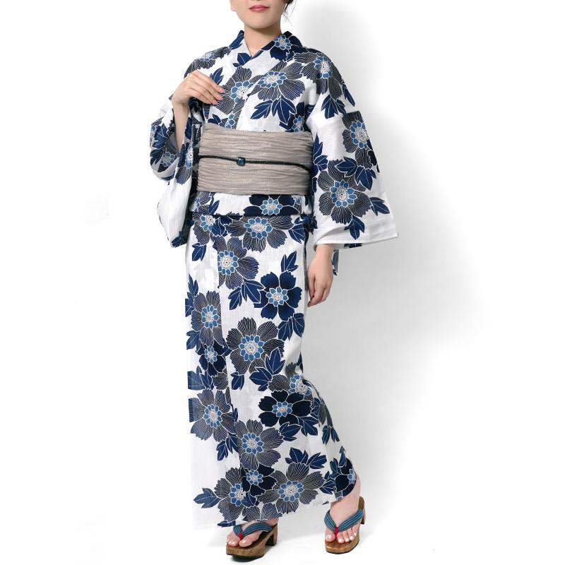 夏着物 つやび×雅姫 藍捺染 綿麻 紺 白地 ネイビー 花柄 古典柄 オフ白