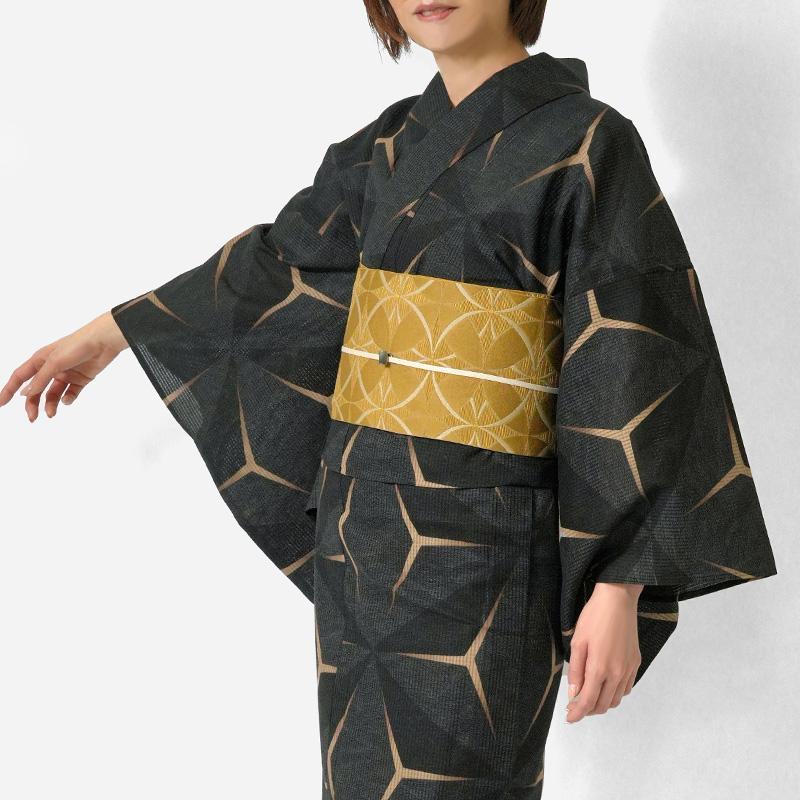 浴衣 美術サロン 綿絽 麻の葉流水 黒 グレー 細密染め 知多木綿 古典柄