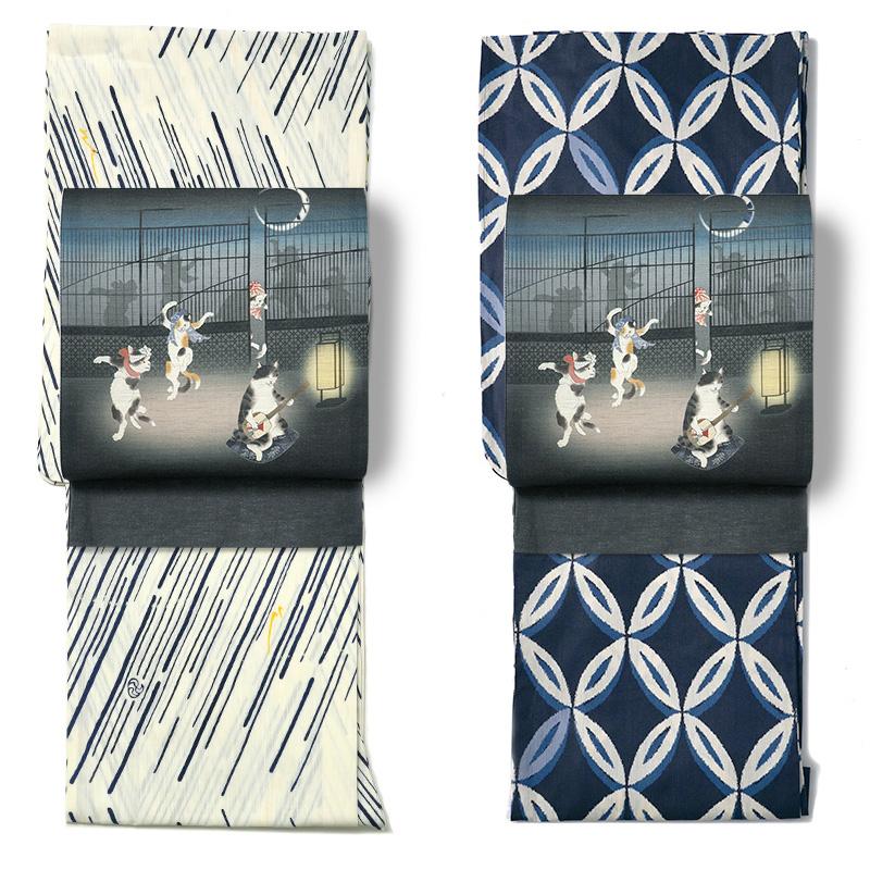 京袋帯 WAKKA 麻 猫の踊り場 黒 ネイビー 紺 サバ白 サバネコ 三毛猫