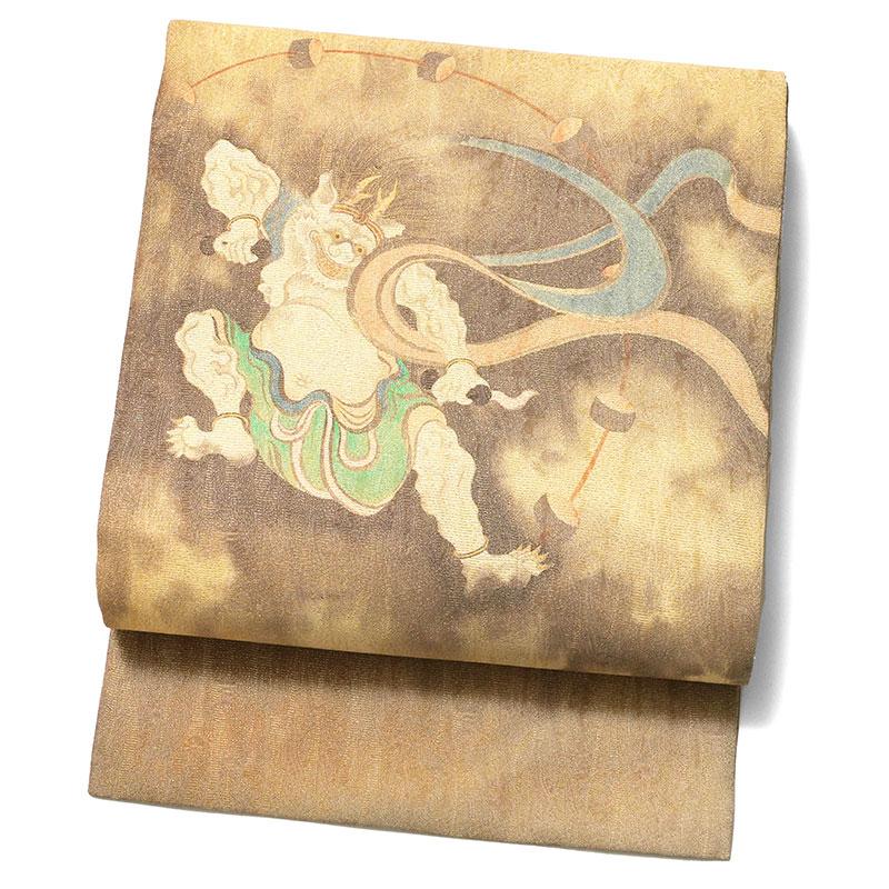 名古屋帯 風神雷神 ベージュ 和柄 絹 日本製 お太鼓 仕立て上がり