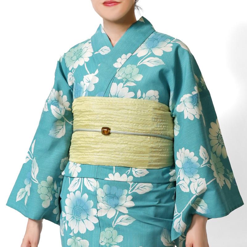 浴衣 向日葵 薄浅葱 水色 オフ白 花 注染風 ポリエステル アイロンレス