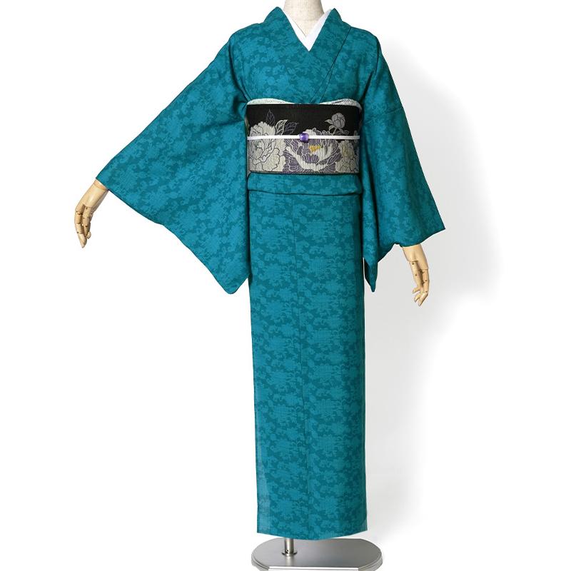 着物 セオアルファ 単衣 JAPAN MODE 花唐草 更紗 ターコイズ 青緑