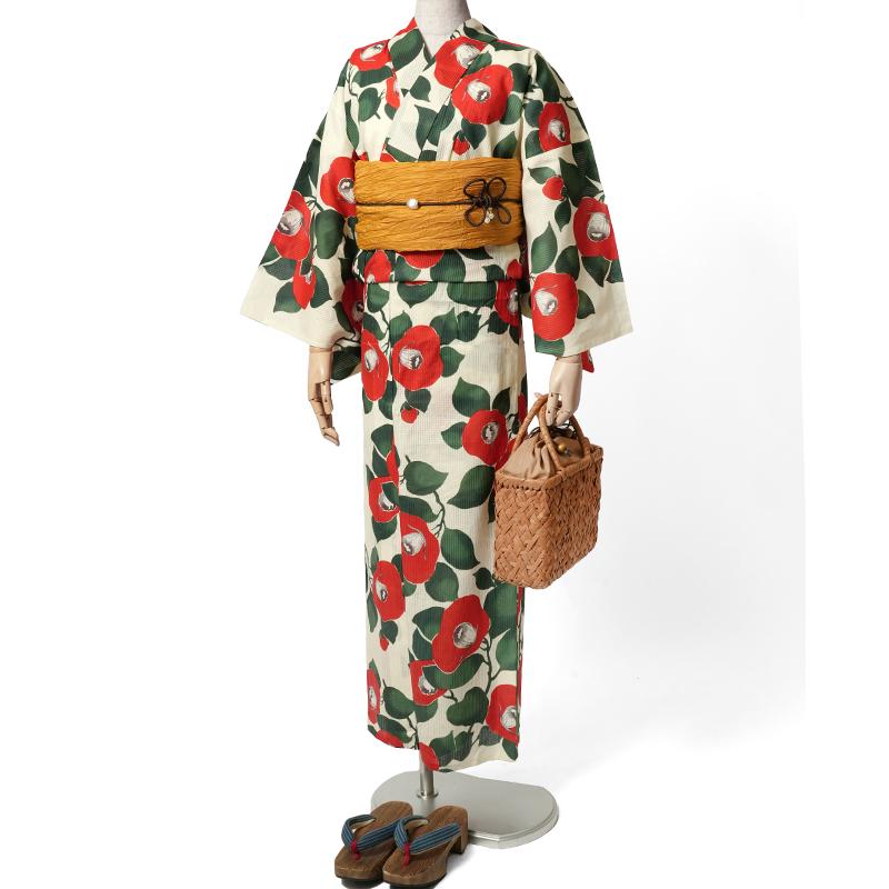 浴衣 芸艸堂 綿絽 椿 赤 クリーム 花 UNSODO ブランド 古典柄 モダン