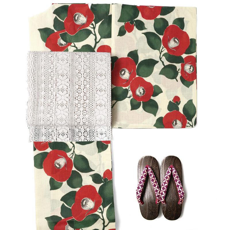 浴衣 芸艸堂 綿絽 椿 赤 クリーム 花 UNSODO ブランド 古典柄 モダン