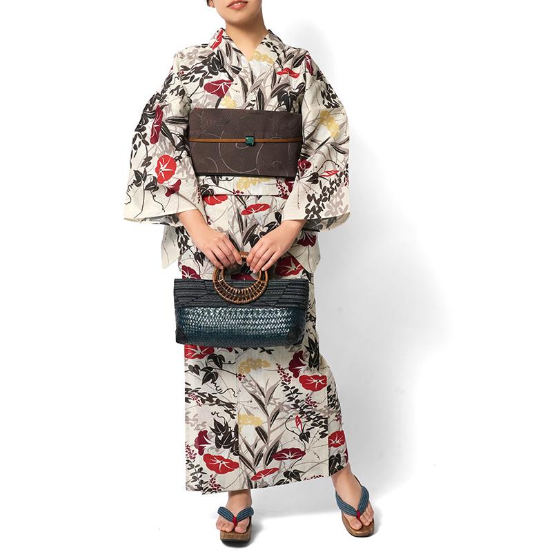 浴衣 芸艸堂 綿絽 秋草 朝顔 オフ白 赤 ブラウン 花 植物 UNSODO 古典