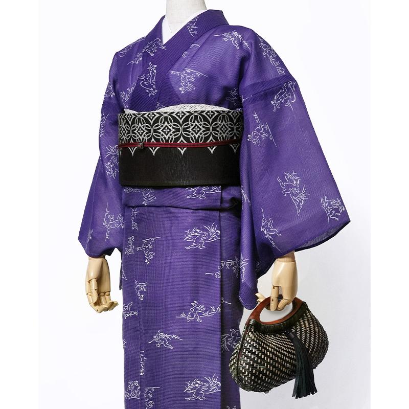 着物 単衣 絹紅梅 長板染め 鳥獣戯画 うさぎ 紫 レディース カッコイイ