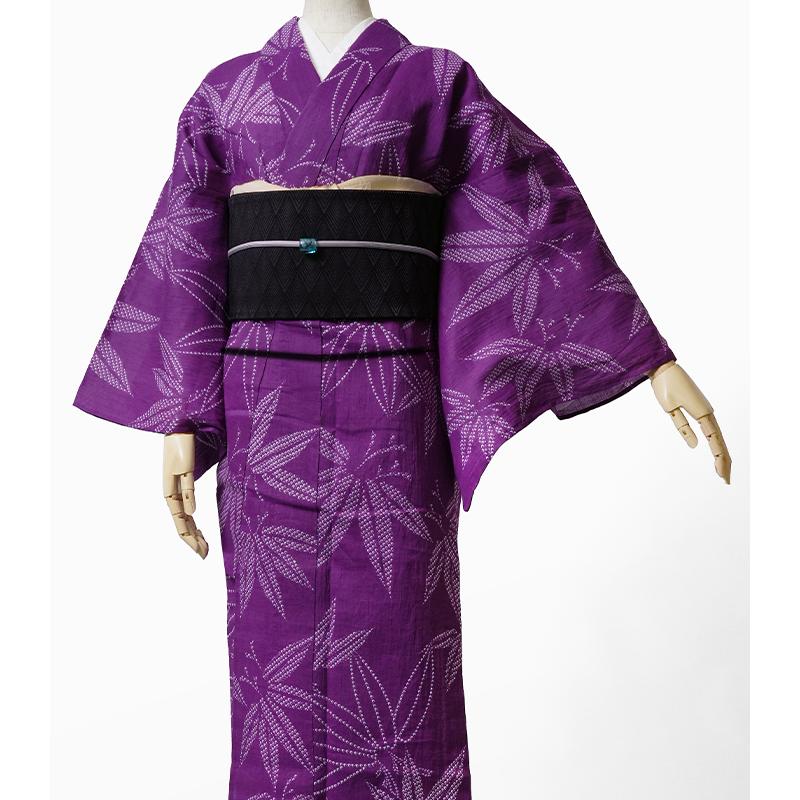 着物 単衣 近江ちぢみ 長板染め 鹿の子絞り風 笹 緑 紫 黒 レディース