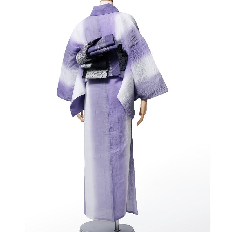 ちぢみ 着物 美術サロン 単衣 グラデーション 紫 グレー 白地 綿麻