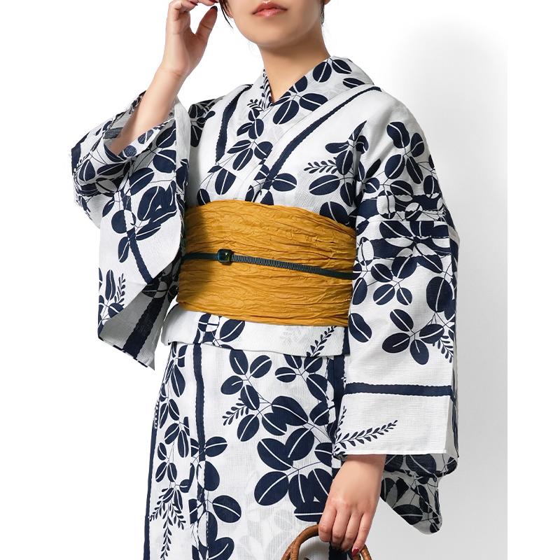 浴衣 綿麻 縞に萩 白 紺 古典柄 白地 レディース レトロ シック モダン