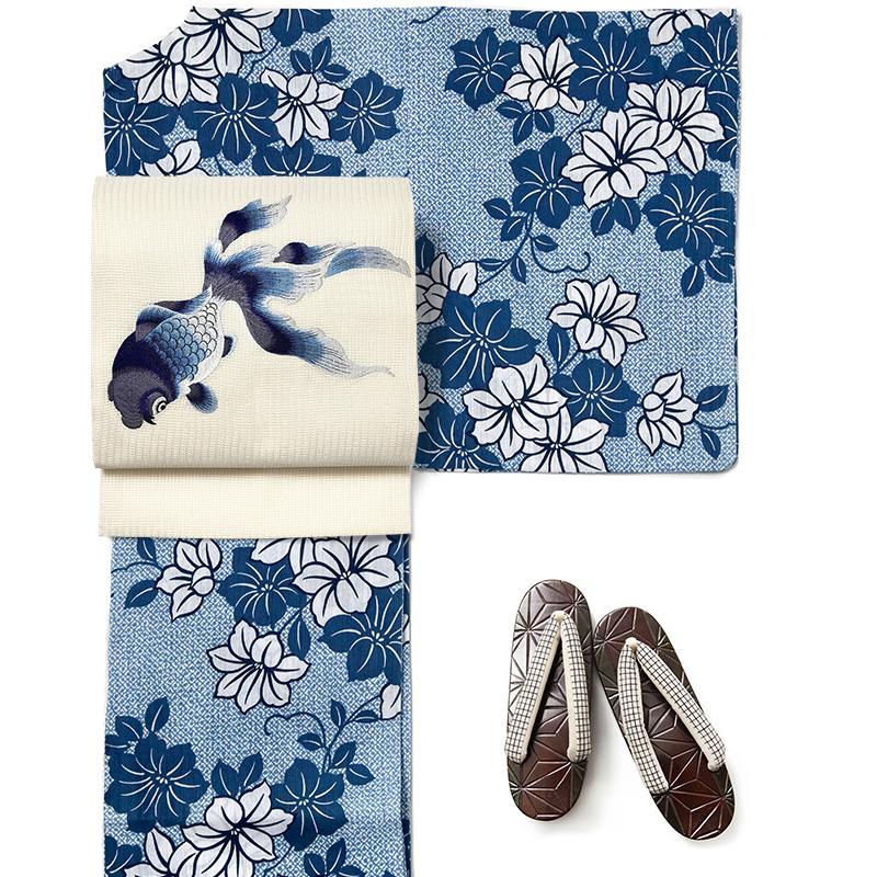 誉田屋源兵衛 名古屋帯 金魚 オフ白 紺 刺繍 正絹 夏着物 仕立て上がり