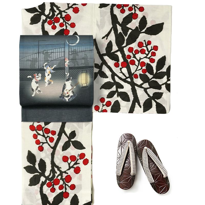 浴衣 竹久夢二 木の実 綿紅梅 芸艸堂 オフ白 赤 黒 南天 植物 UNSODO
