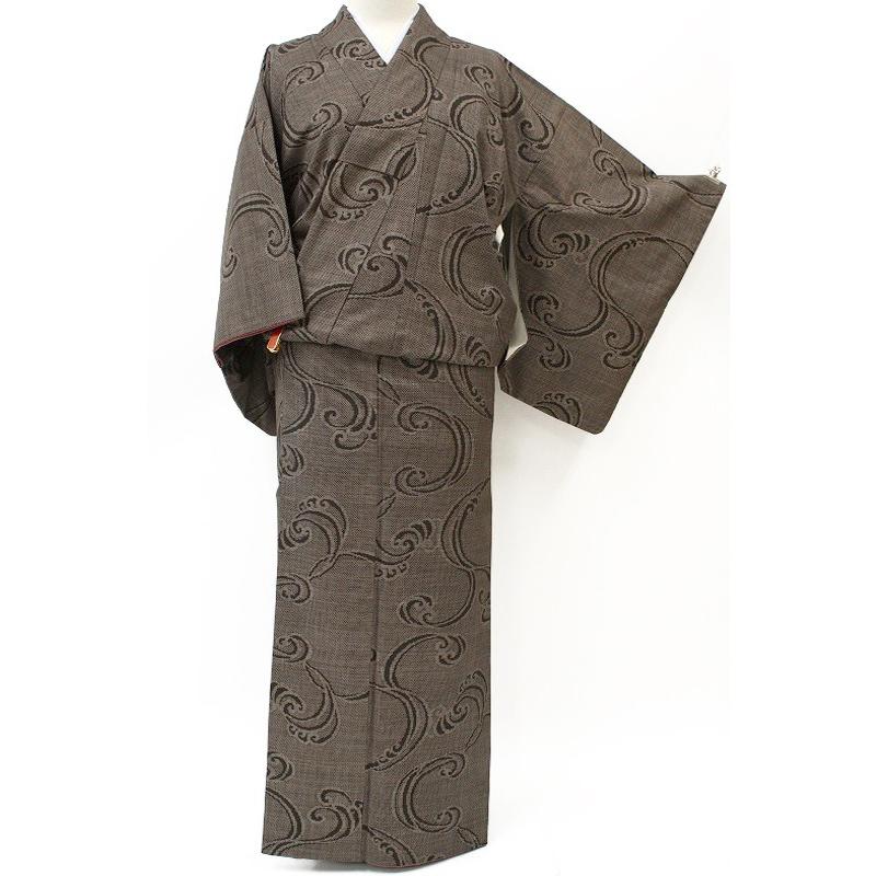 本場大島紬 泥大島 茶泥色 7マルキ 波 正絹 中古 美品 お仕立て上がり