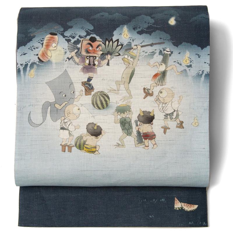 京袋帯 WAKKA 麻 スイカ割り ネイビー 紺 青 妖怪 オバケ 鬼 カッパ