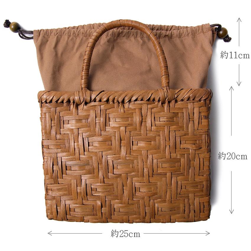 山葡萄 籠バッグ 柿渋染め 巾着 変わり斜め綱代編 茶色 女性用 鞄 かご