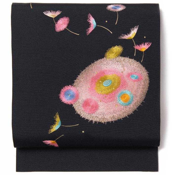 名古屋帯 刺繍 綿毛 たんぽぽ 黒 ピンク 花 塩瀬 レトロ モダン