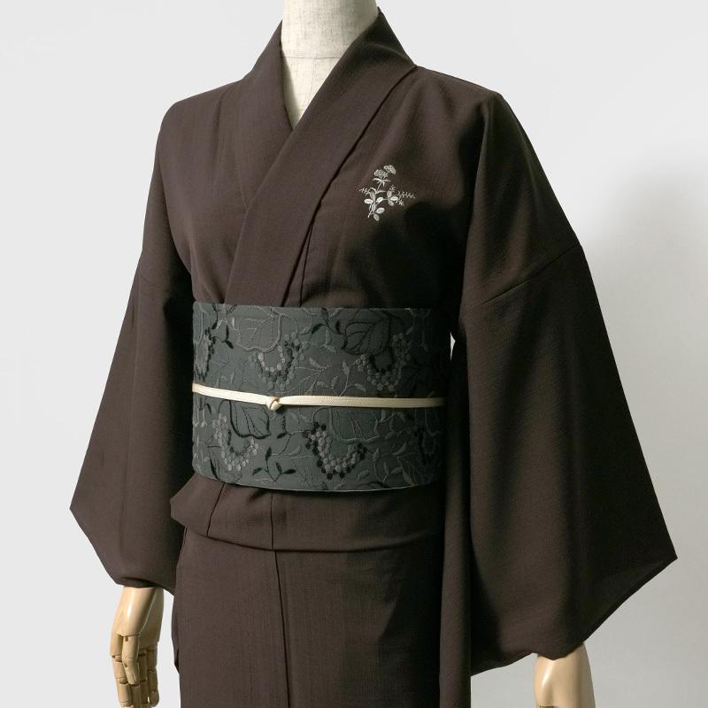 夏着物 美術サロン 無地染 刺繍 セオアルファ ダークブラウン シンプル