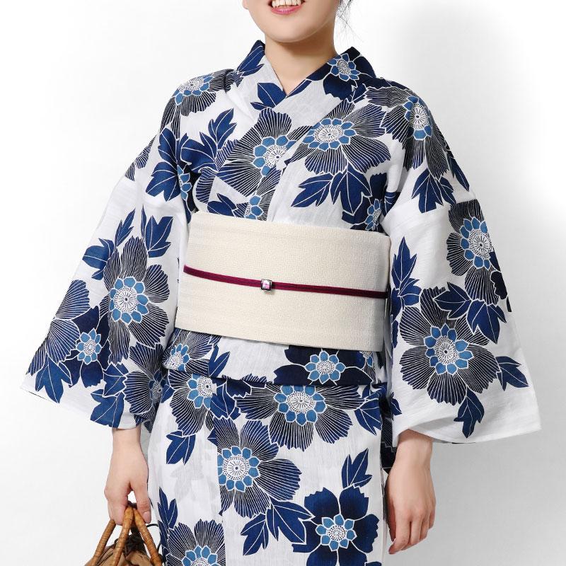 夏着物 つやび×雅姫 藍捺染 綿麻 紺 白地 ネイビー 花柄 古典柄 オフ白