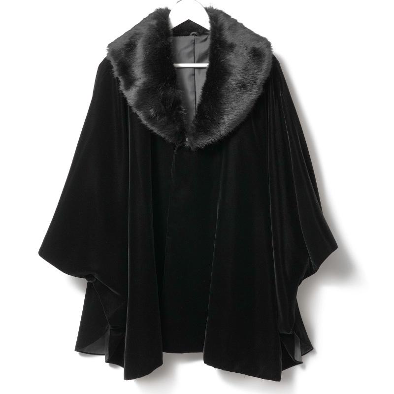 ケープ コート ベルベット 黒 ファー シック シンプル ビロード